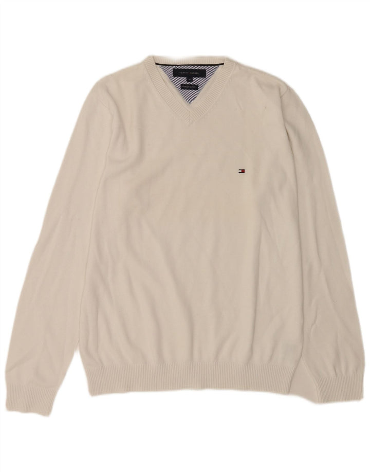 Tommy Hilfiger Herren-Pullover mit V-Ausschnitt, mittelweiße Baumwolle