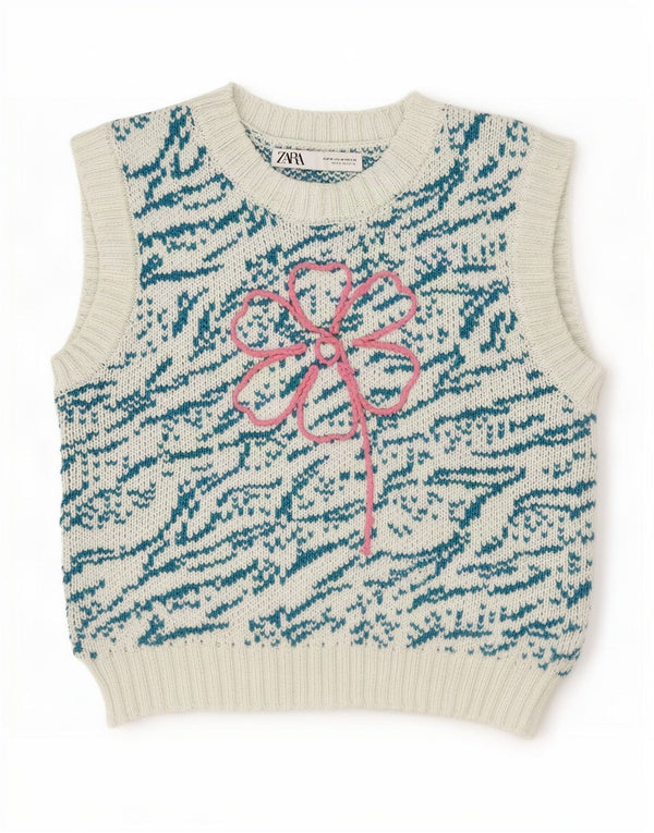 Zara Damen Graphic Crop Vest Tank Top UK 12 Mittelblaue geblümte Baumwolle
