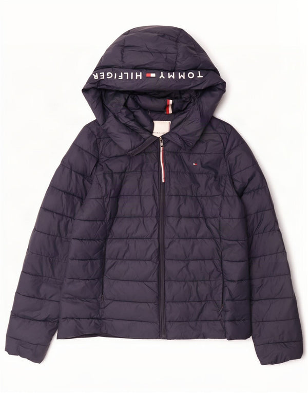 Tommy Hilfiger Damen Graphic Hooded Wattierte Jacke UK 14 Medium Navy Blue