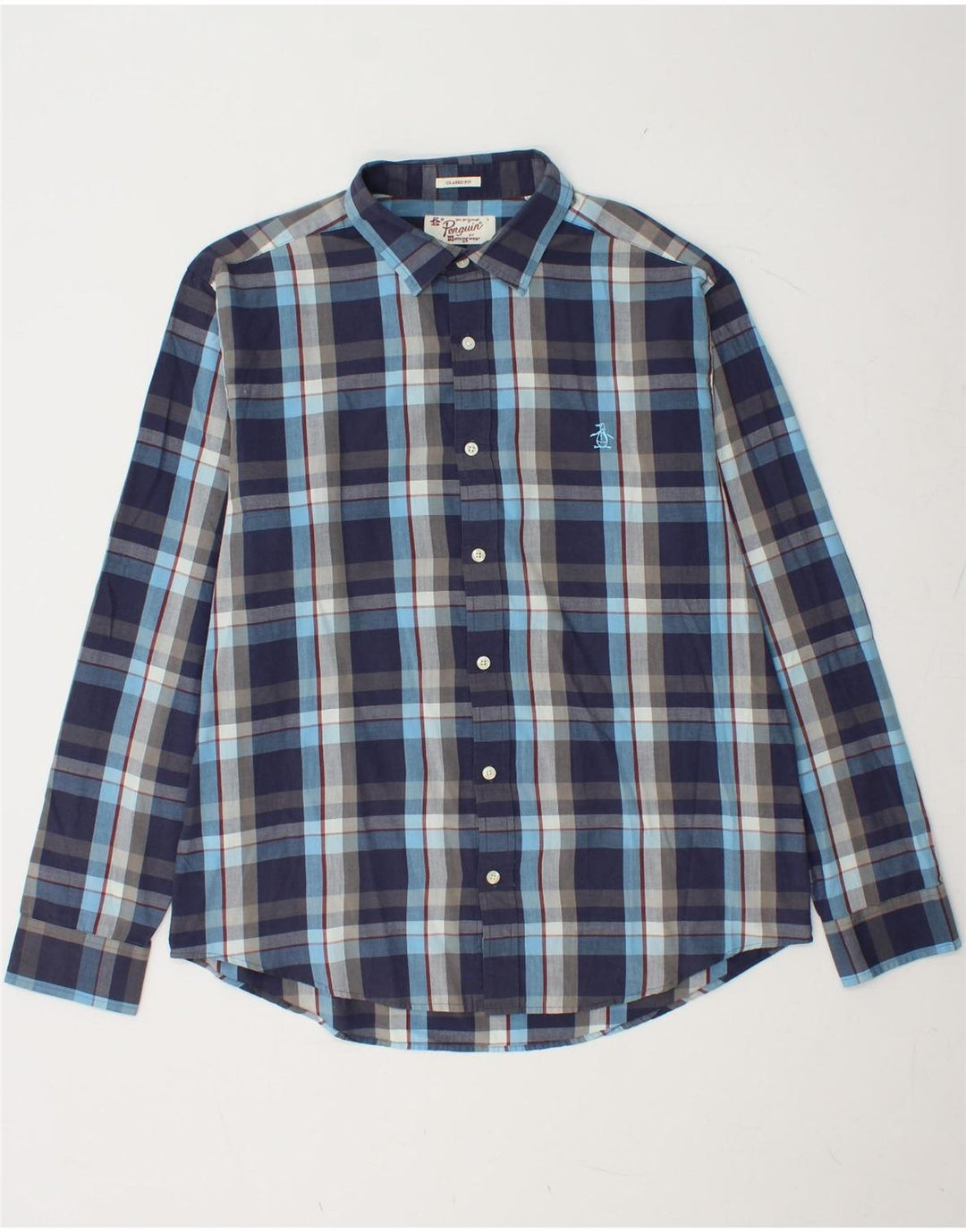 PENGUIN Herren-Hemd mit klassischer Passform, groß, marineblau, kariert, Baumwolle
