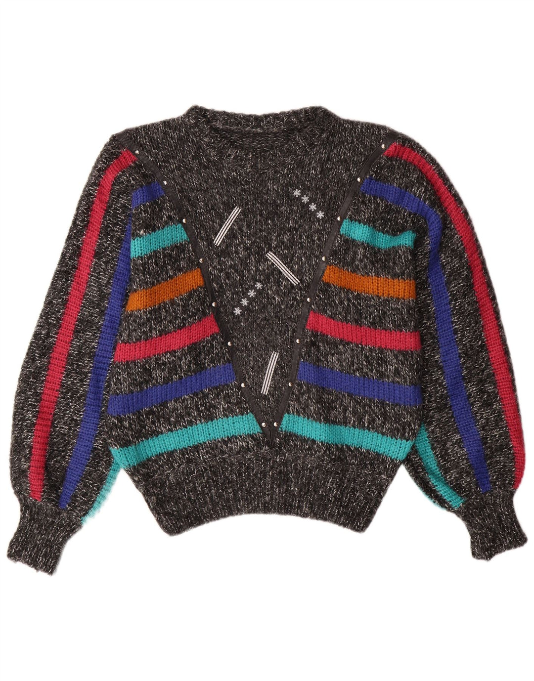 VINTAGE Damen Fledermauspullover mit Rundhalsausschnitt, UK 14, Mittelgrau gestreift