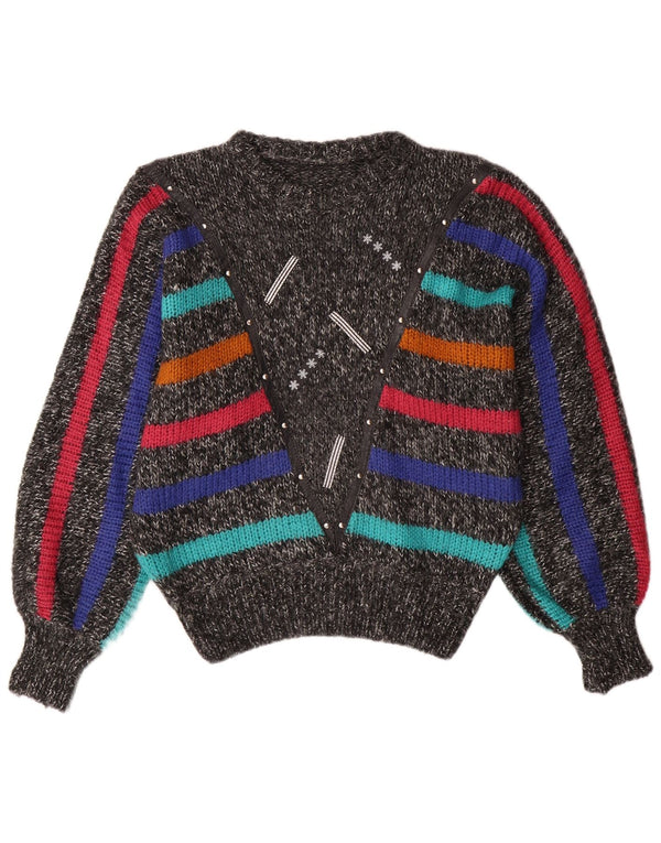 VINTAGE Damen Fledermauspullover mit Rundhalsausschnitt, UK 14, Mittelgrau gestreift