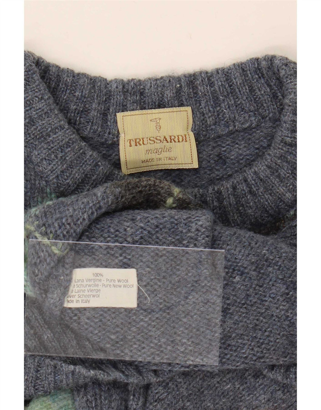 Trussardi Herren-Pullover mit Rundhalsausschnitt, mittelblaue Argyle-/Diamantwolle
