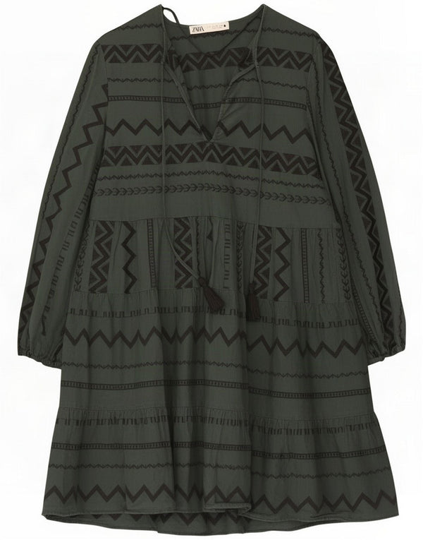 Zara Damen Langarm-Stufenkleid UK 10 Small Green Chevron