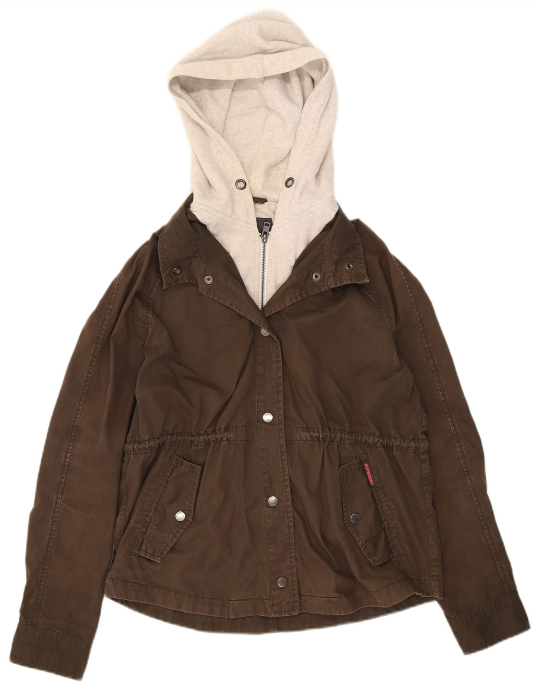 Superdry Damen-Bomberjacke mit Kapuze, UK 14, mittlere Khaki-Farbblock-Baumwolle