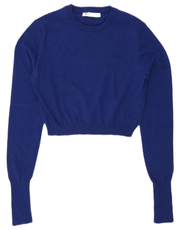 Zara Damen Crop Crew Neck Pullover Pullover UK 12 Mittelblau