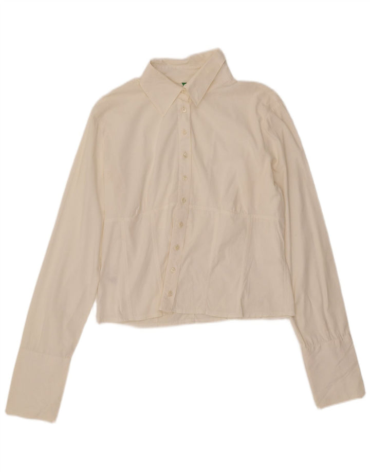 BENETTON Womens Crop Shirt Bluse UK 14 Große weiße Baumwolle