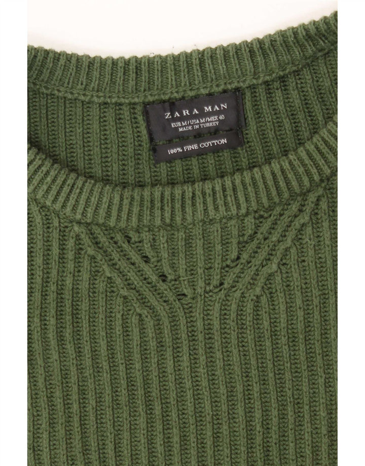 Zara Herren-Pullover mit Rundhalsausschnitt, mittelgrüne Baumwolle