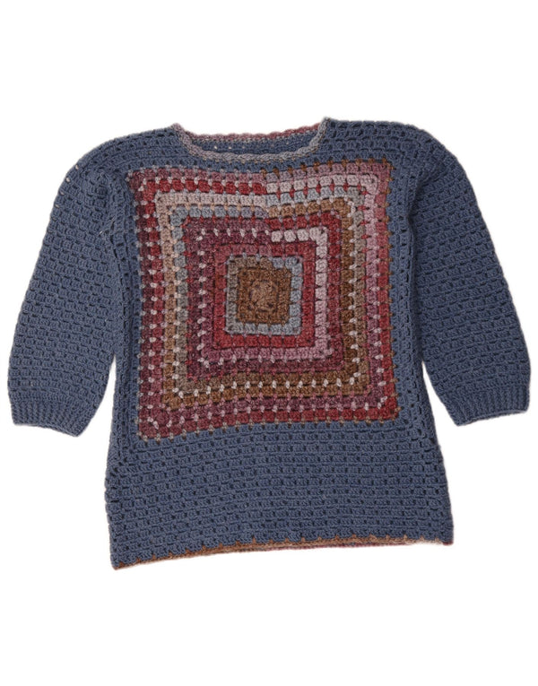 Vintage Damen Häkelpullover mit U-Boot-Ausschnitt, Gr. 14, groß, blau, geometrisch