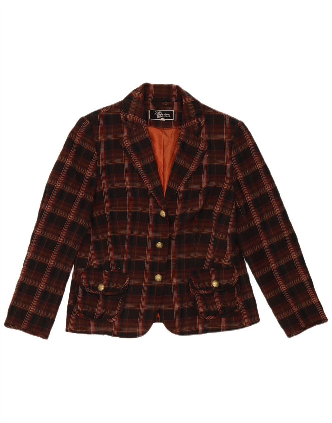 Vintage Damen 3-Knopf-Blazerjacke EU 40 Mittelbraun kariertes Polyester