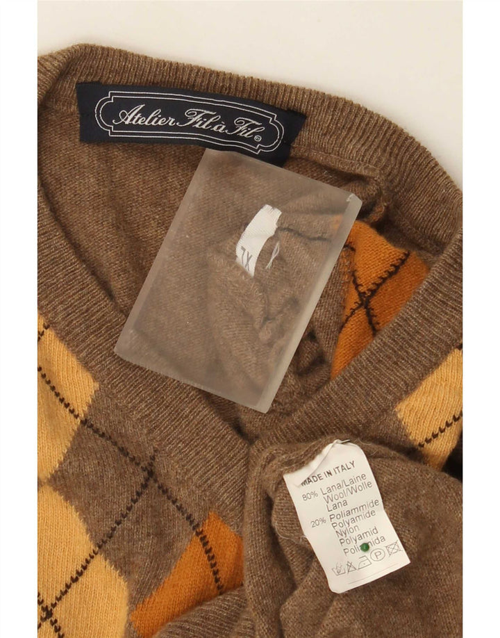 Vintage Herren Pullover mit V-Ausschnitt XL Braun Argyle/Diamond Wool