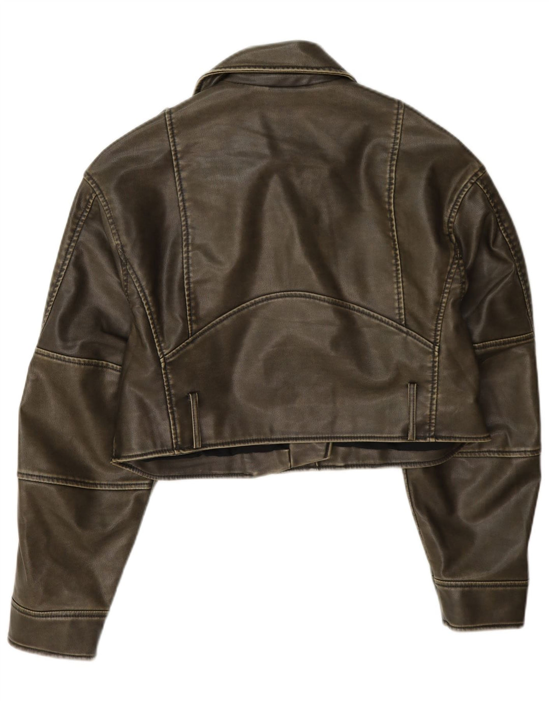 Zara Damen Crop Kunstleder Bikerjacke UK 14 Medium Khaki Polyester