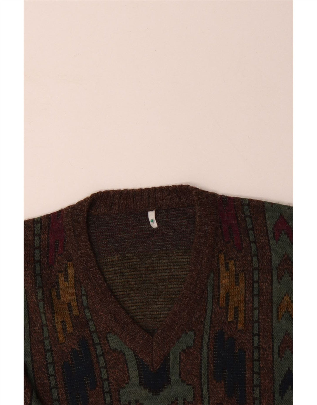 VINTAGE Herren Pullover mit V-Ausschnitt IT 50 Mittelbraun Geometrisch