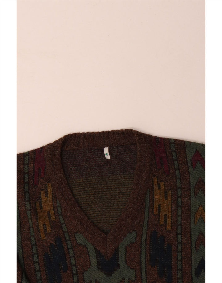 VINTAGE Herren Pullover mit V-Ausschnitt IT 50 Mittelbraun Geometrisch