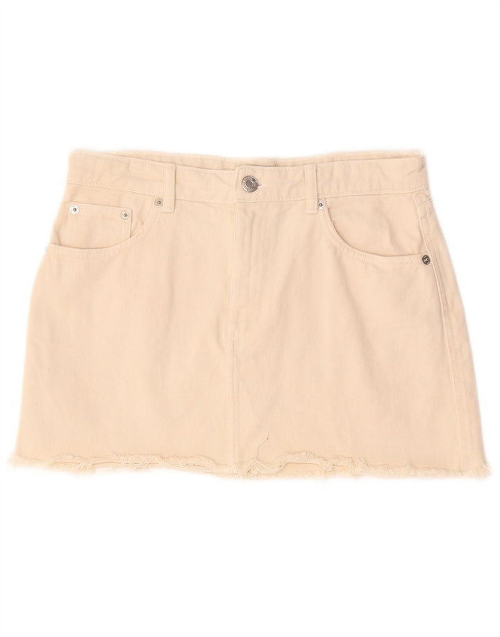 Zara Damen Mini-Jeansrock, Größe L, W30, Beige, Baumwolle