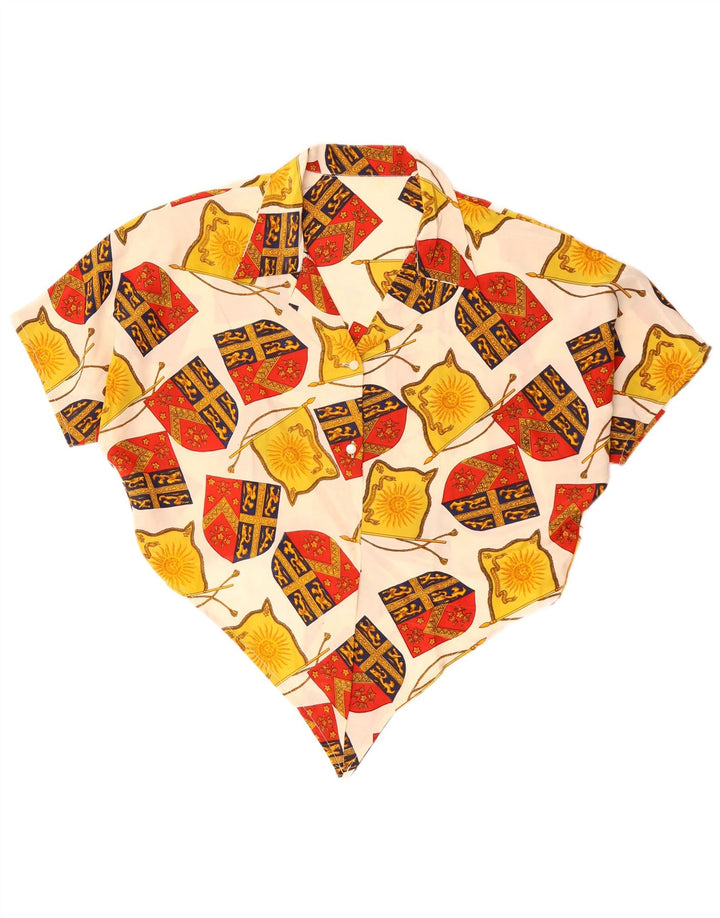 Vintage Damen Crop Abstraktes Muster Hemdbluse UK 14 Large Off White