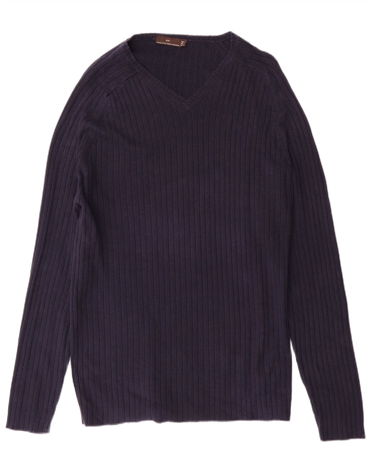 Zara Herren-Pullover mit V-Ausschnitt, groß, marineblaue Baumwolle