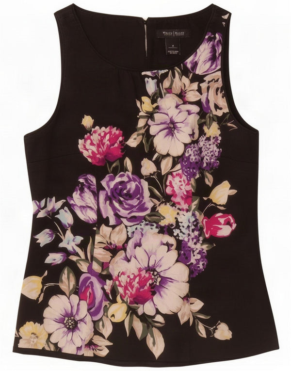 Vintage Damen ärmelloses Blusenoberteil US 4 Small Black Floral Cotton