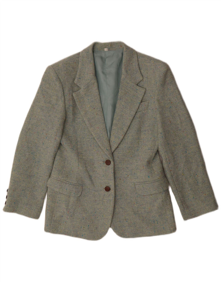 Vintage Damen 2-Knopf-Blazerjacke IT 42 Mittelgrüne Fischgrätenwolle
