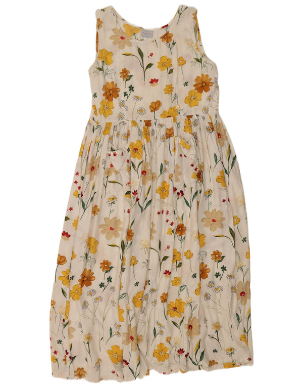 Vintage Damen Ärmelloses Maxikleid UK 12 Mittelweiß geblümt