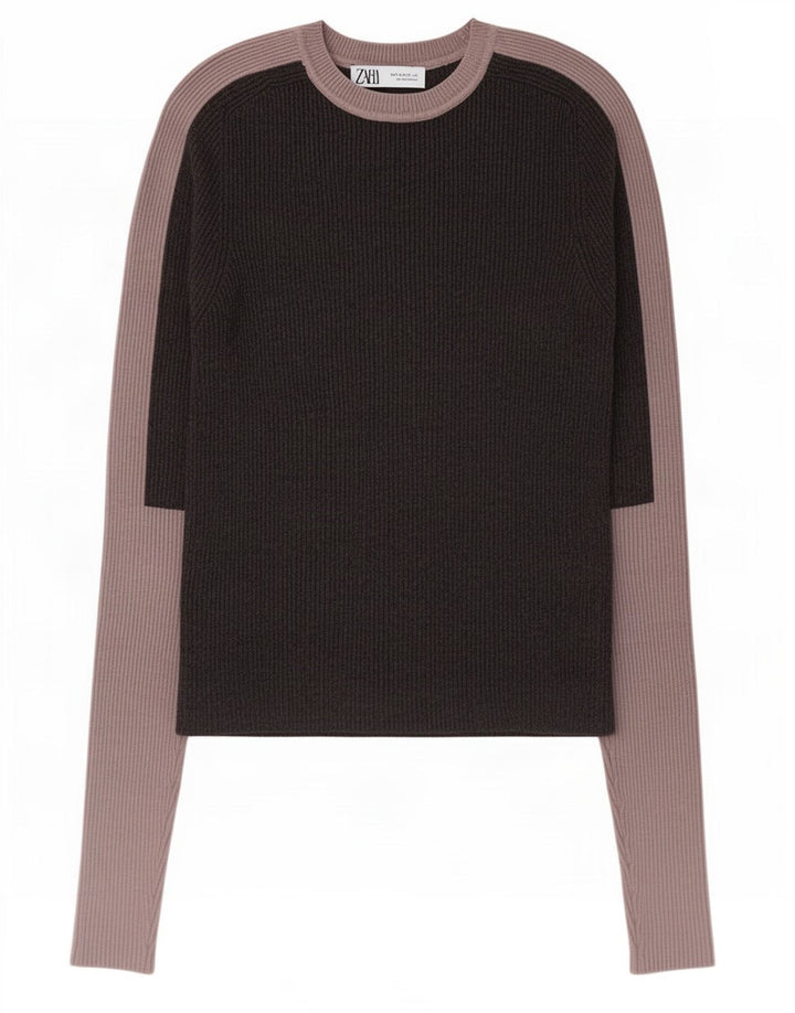 Zara Damen Crop Bluse Top UK 12 Mittelgraue Colourblock-Viskose