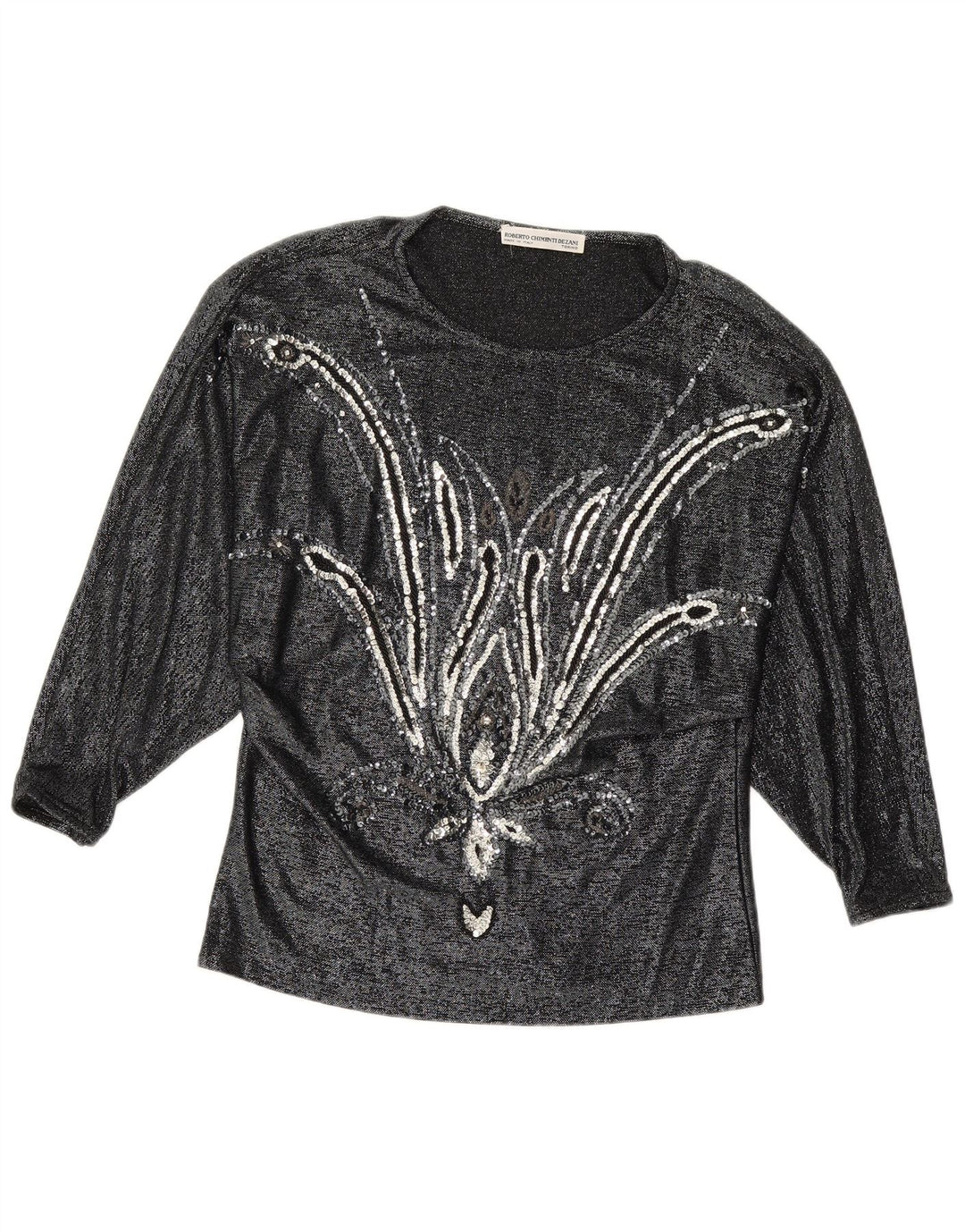 VINTAGE Damen Langarmbluse Top IT 42 Mittelschwarze Viskose mit Blumenmuster