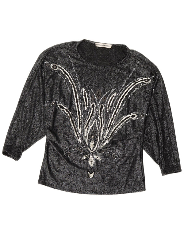 VINTAGE Damen Langarmbluse Top IT 42 Mittelschwarze Viskose mit Blumenmuster