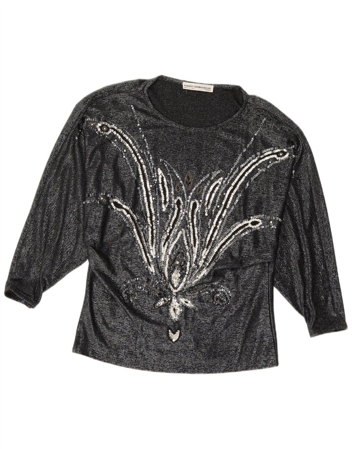 VINTAGE Damen Langarmbluse Top IT 42 Mittelschwarze Viskose mit Blumenmuster