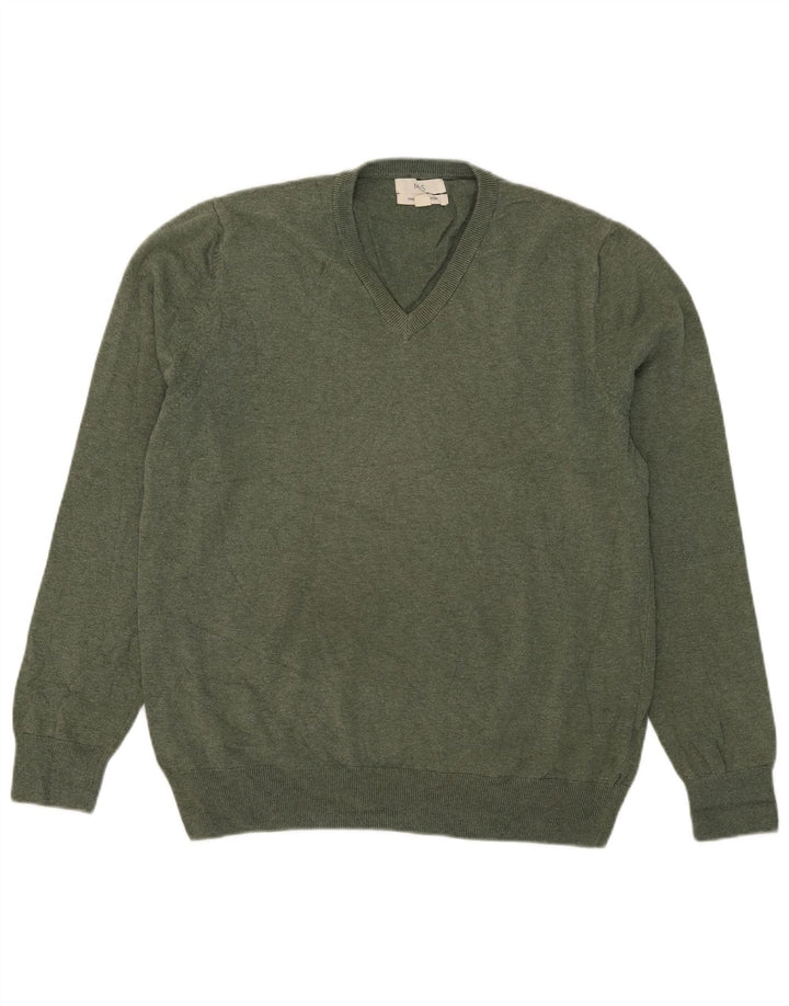Marks & Spencer Herren-Pullover mit V-Ausschnitt, groß, grüne Baumwolle