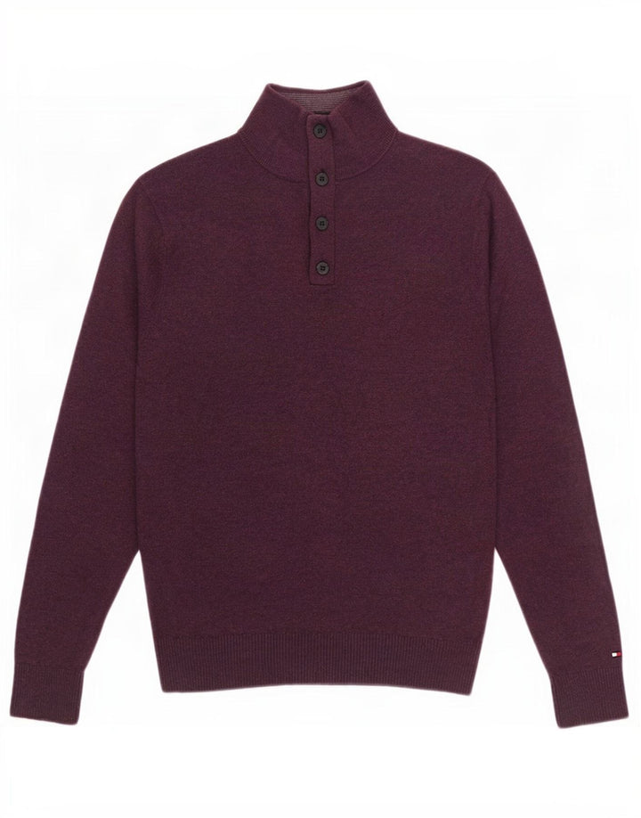 Tommy Hilfiger Herren-Pullover mit Knopfkragen, Größe S, burgunderfarbene Baumwolle