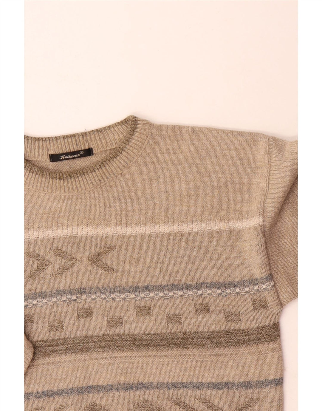 Vintage Herren-Pullover mit Rundhalsausschnitt, Mittelbeige, Fair-Isle-Acryl