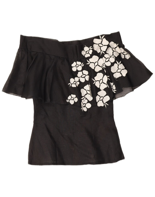 Vintage Damen Off Shoulder Top UK 10 Small Schwarz geblümt