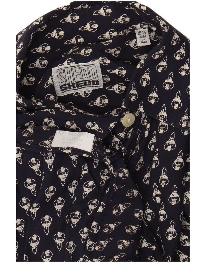 VINTAGE Herren-Kurzarmhemd mit abstraktem Muster, mittlere marineblaue Viskose