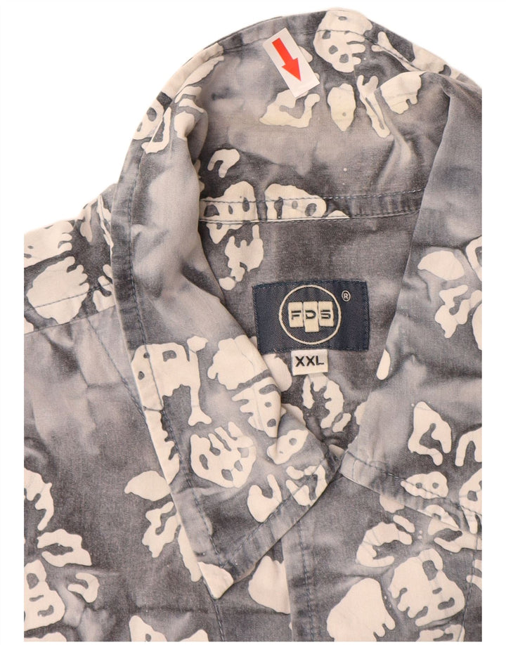 Vintage Herren Kurzarmhemd 2XL Grau geblümte Baumwolle