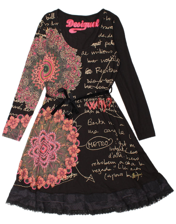 Desigual Damen Grafik-Langarm-A-Linien-Kleid UK 14 Large Schwarz Paisley