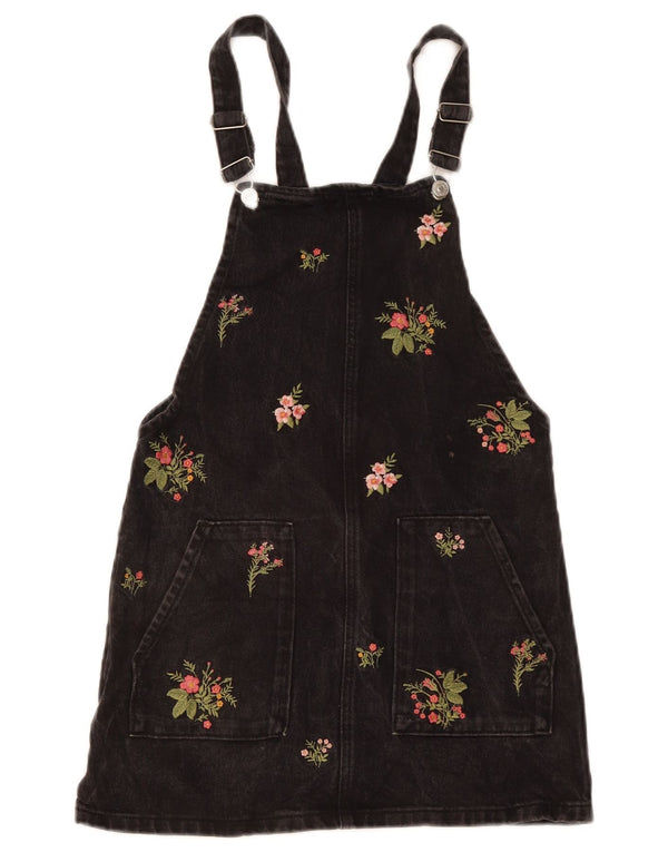 Topshop Damen-Jeans-Latzkleid, Größe S, Schwarz, Blumenmuster, Baumwolle