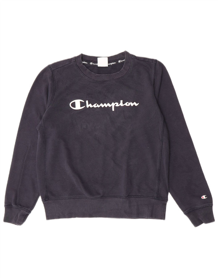 Champion Damen Grafik-Sweatshirt-Pullover UK 14 Mittelmarineblaue Baumwolle