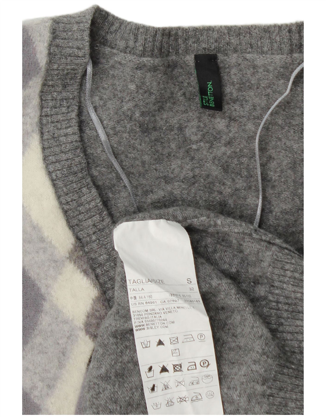 BENETTON Damen-Pullover mit V-Ausschnitt, Gr. 10, Größe S, graue Argyle-/Diamantwolle