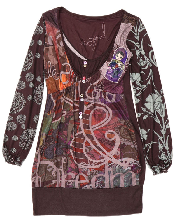 Desigual Womens Graphic Long Sleeve Bubble Dress UK 12 Mittelbraun geblümt