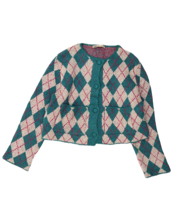 Zara Damen Bolero-Pullover UK 14 Mittelgrünes Argyle/Diamant-Acryl