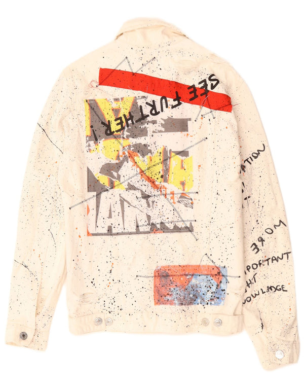 Zara Herren-Jeansjacke mit Grafik, UK 36, Größe S, weiß gefleckte Baumwolle