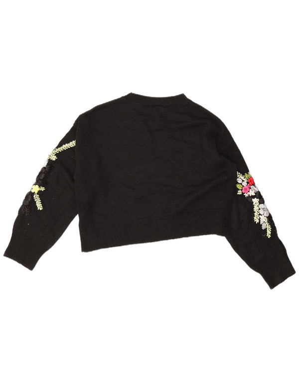 Topshop Damen-Pullover mit bauchfreiem U-Boot-Ausschnitt, Gr. 10, Größe S, Schwarz, Blumenmuster