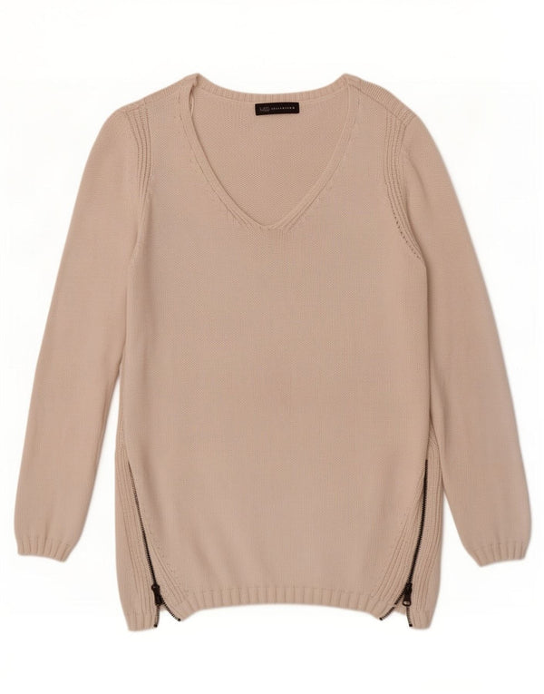 Marks & Spencer Damen-Pullover mit V-Ausschnitt, Gr. 16, Größe L, Beige, Baumwolle