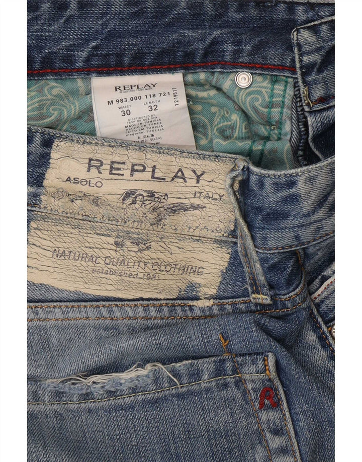 Replay Herren Waitom Distressed Straight Jeans W30 L32 Blaue Baumwolle