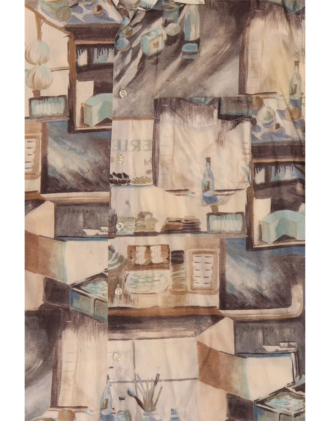 Benetton Herren Grafik-Kurzarmhemd XL Beige Patchwork Baumwolle