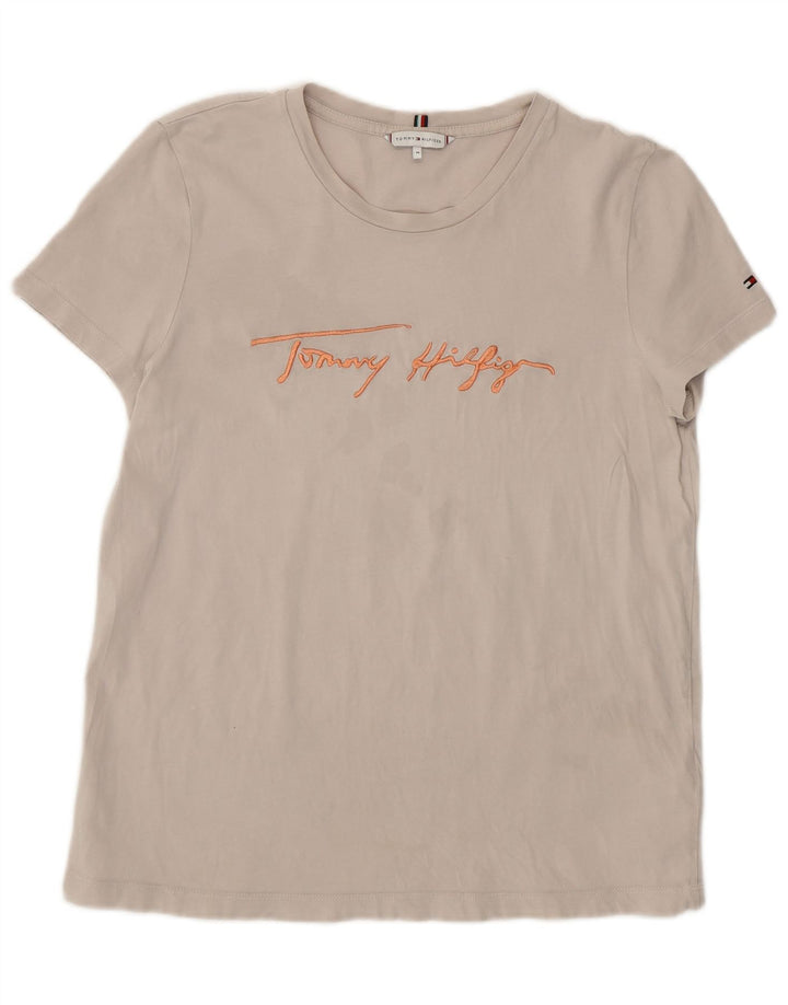 Tommy Hilfiger Damen Grafik-T-Shirt-Oberteil UK 14 Mittelgraue Baumwolle
