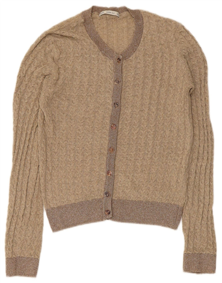 Zara Damen Crop Cardigan Pullover UK 8 Small Beige Polyester