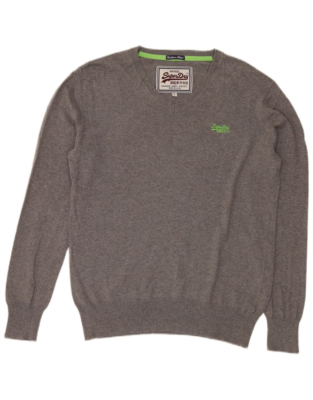 SUPERDRY Herren-Pullover mit V-Ausschnitt, Größe L, aus grauer Baumwolle