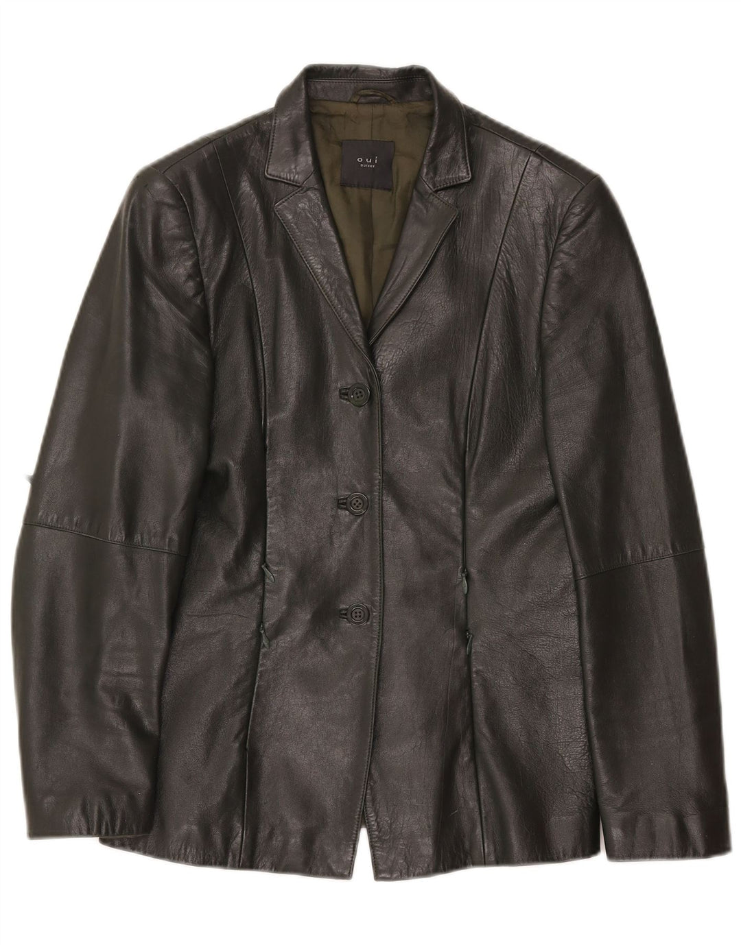 Oui Damen 3-Knopf-Lederblazerjacke UK 10 Small Khaki Leder
