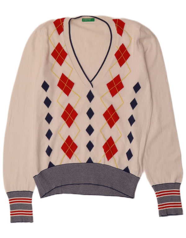 Benetton Damen-Pullover mit V-Ausschnitt, Gr. 40, Größe L, weiß, Argyle/Diamant